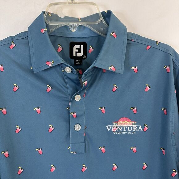Footjoy FJ Transfusion Lisle Cocktail Printed Polo Shirt Mens SMALL Blue Golf - Picture 1 of 6